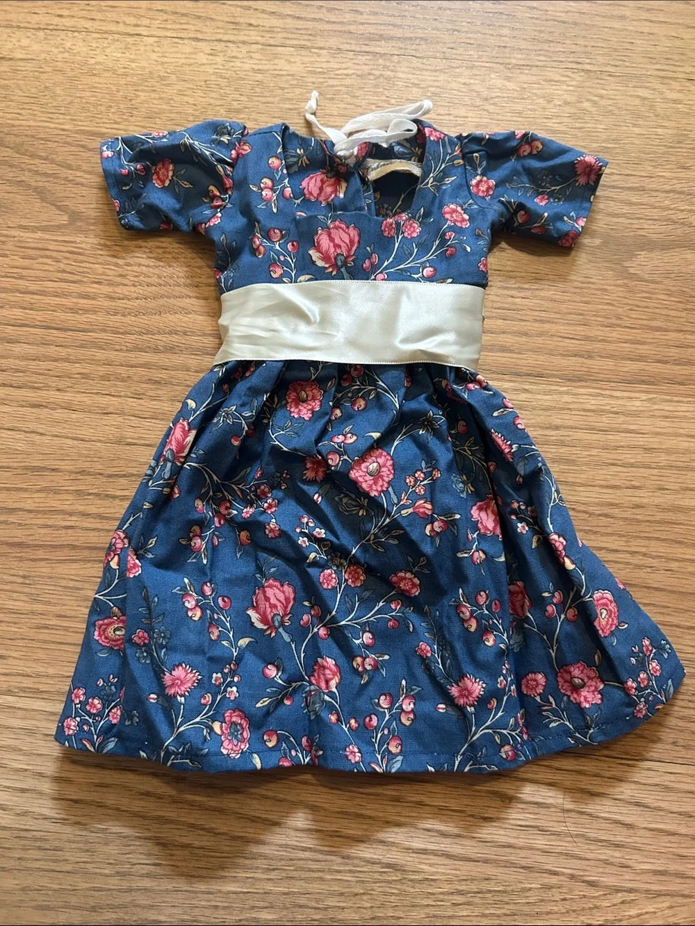Blue Floral Doll Dress with Cream Sash